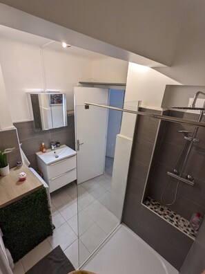 Dusche, Haartrockner, Handtücher, Seife