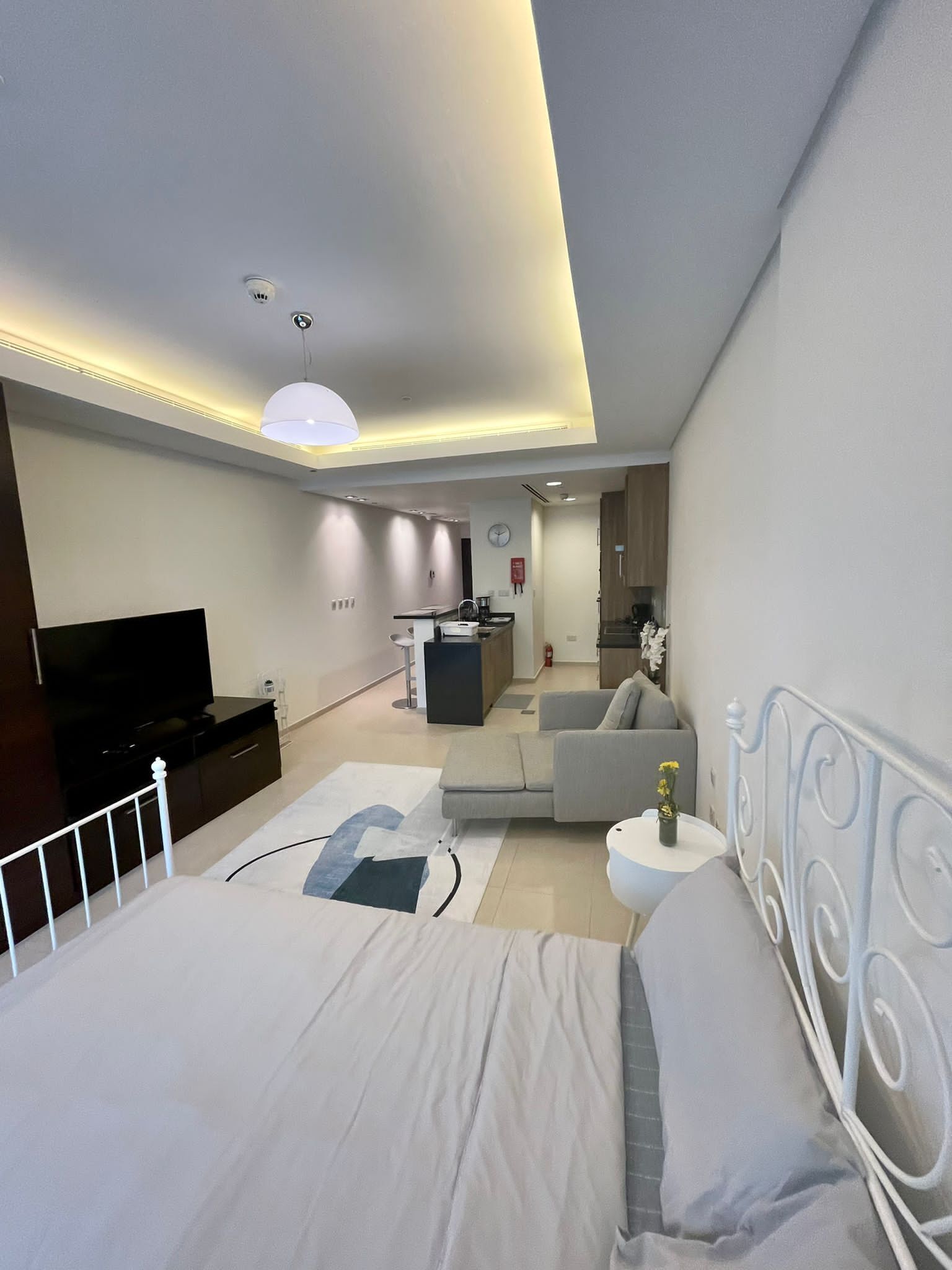 A modern bedroom with a bed, a TV, a sofa, and a small table with a vase.