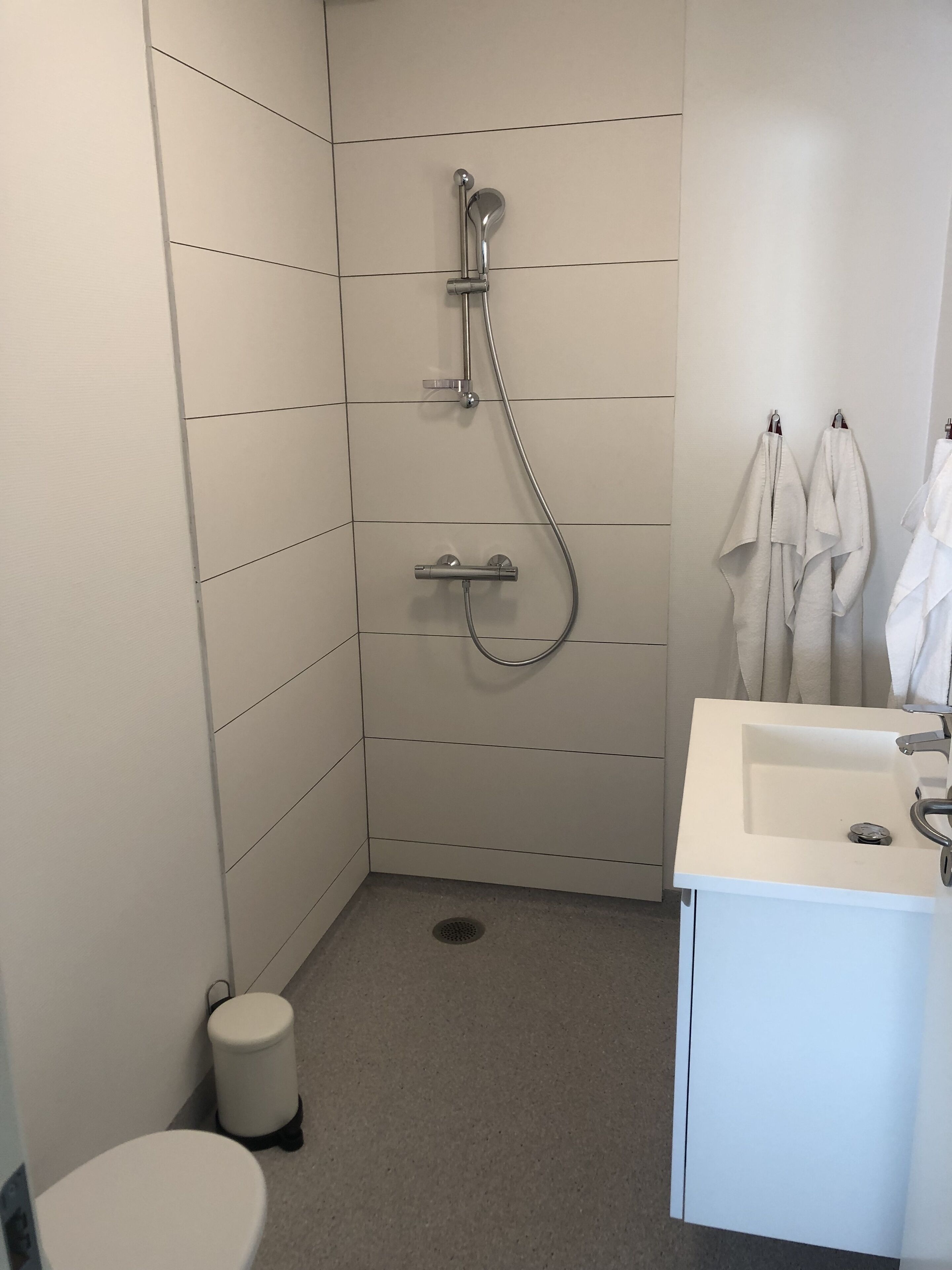 A bathroom with a shower, toilet, and sink.