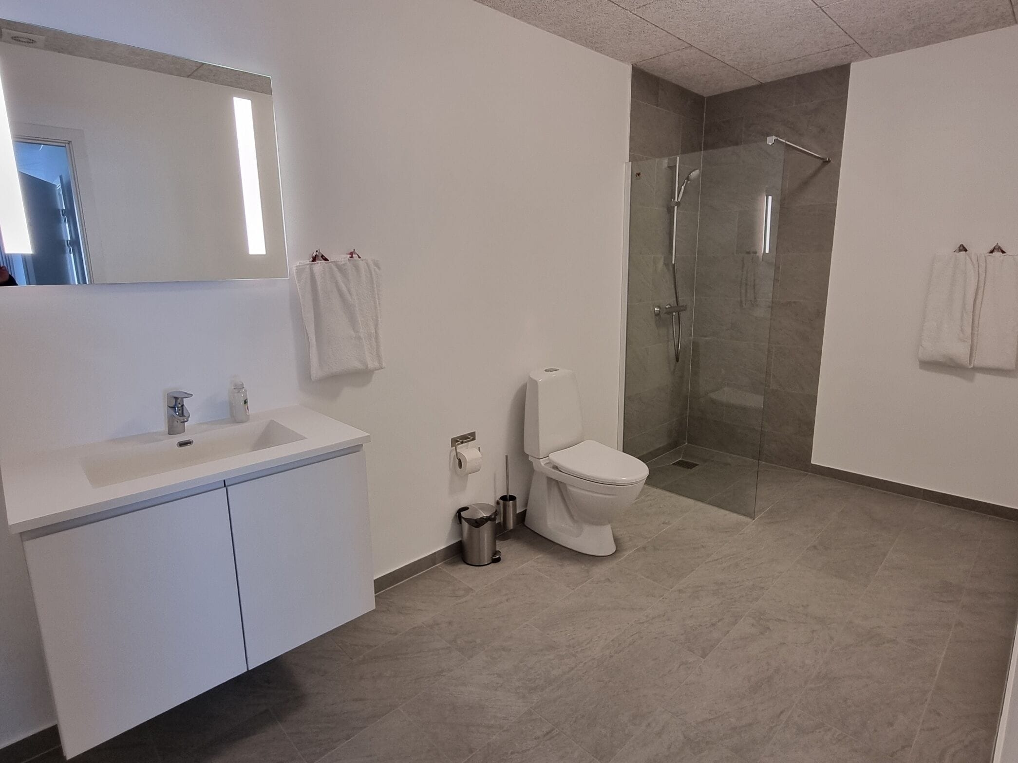 Moderni kylpyhuone, jossa on valkoinen pesuallas, wc ja suihku.