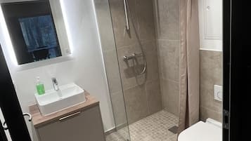 Un baño moderno con ducha envuelta en vidrio, un lavamanos con espejo y un inodoro.