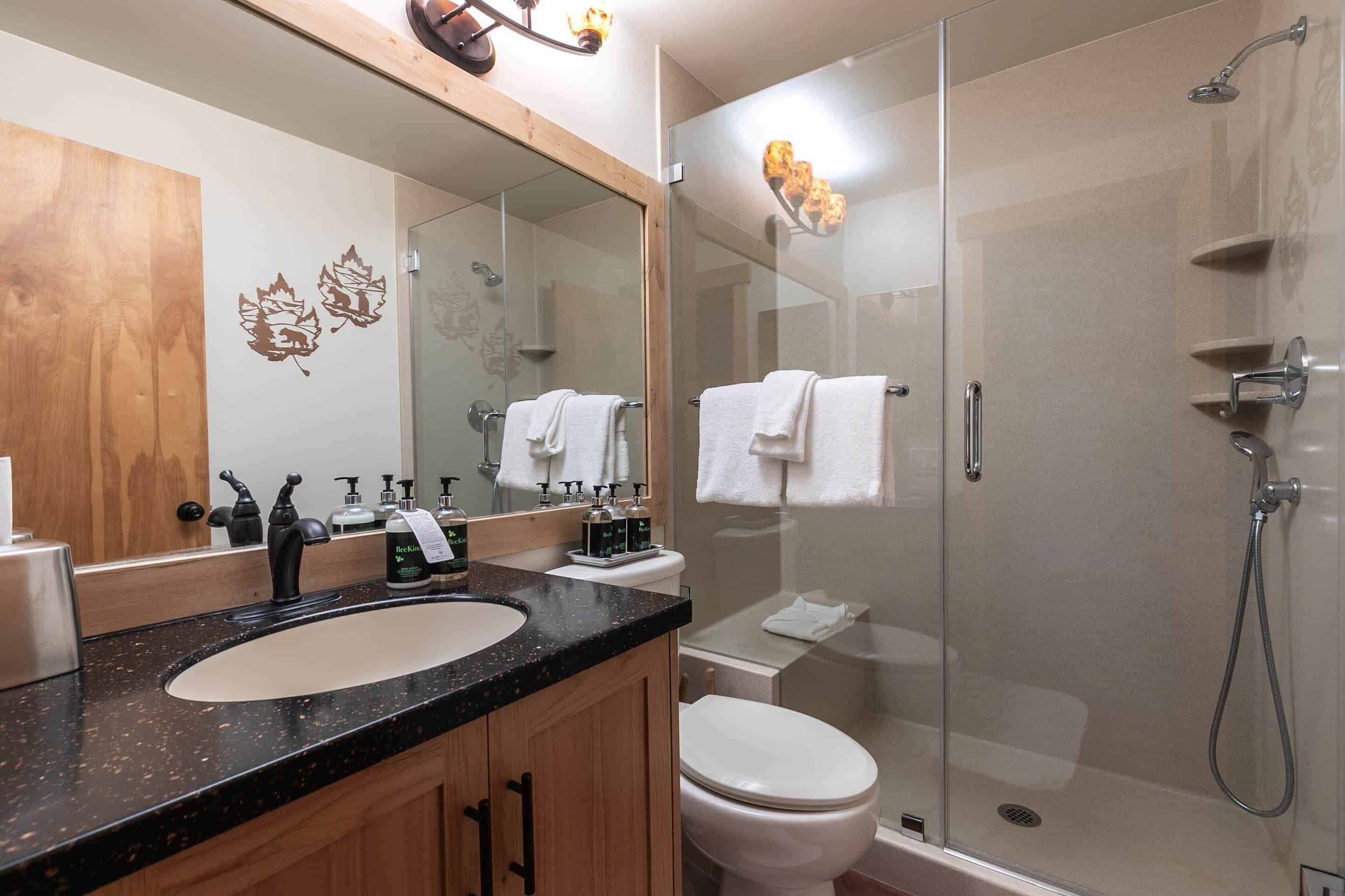 Un baño moderno con ducha separada por mampara de vidrio, lavabo con encimera negra y retrete.