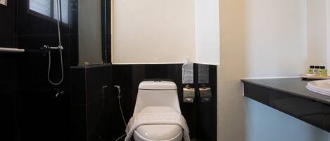 A bathroom with a toilet, a shower, and a sink.