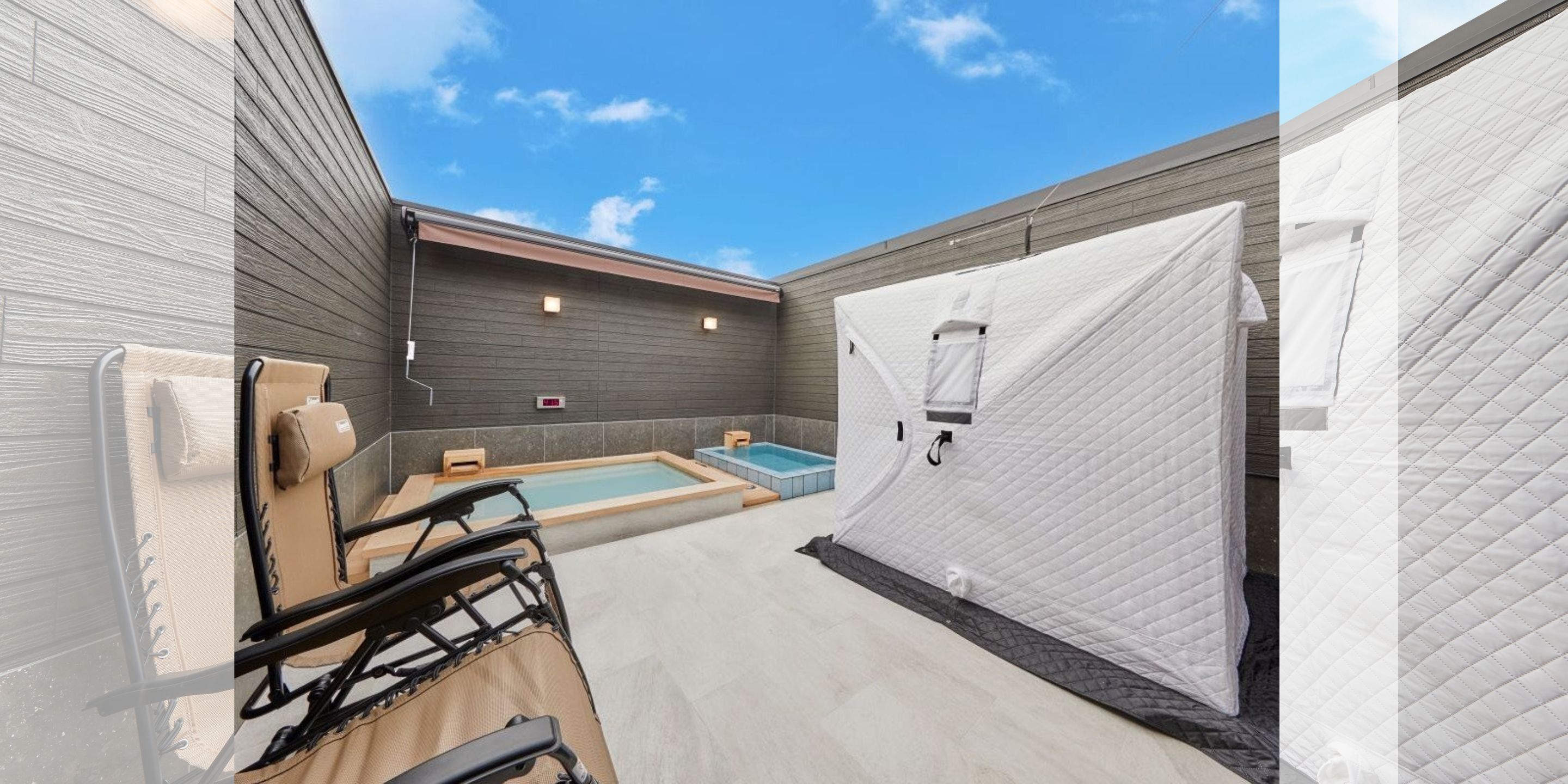 Un moderno espacio de spa con una bañera de hidromasaje, una piscina pequeña y una estructura tipo tienda.