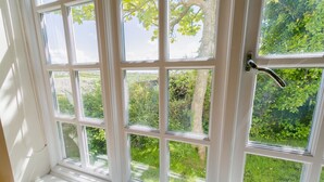 A window with multiple panes, a white frame, and a door handle.