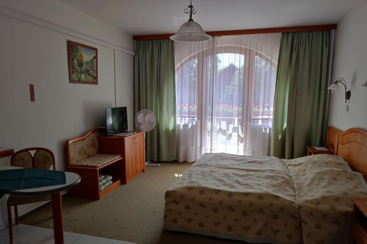 A hotel room with a bed, a desk with a chair, a television, a fan, and a painting on the wall.