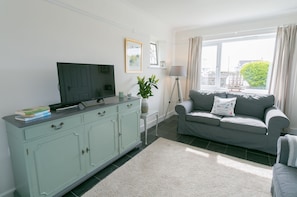 A living room with a grey sofa, a TV on a cabinet, a plant, and a window with curtains.