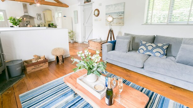 Een moderne woonkamer met een grijze bank, een houten salontafel en een blauw gestreept vloerkleed.