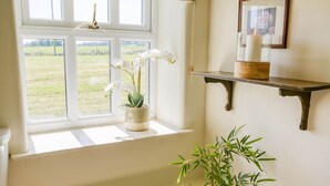 A room with a window, a potted orchid, a candle, and a shelf with a framed picture. - Ty Gwair -  a cosy fire that sleeps 4 guests  in 2 bedrooms (Pentraeth)