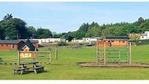 A rural setting with a picnic table, a small building, and a fenced area.