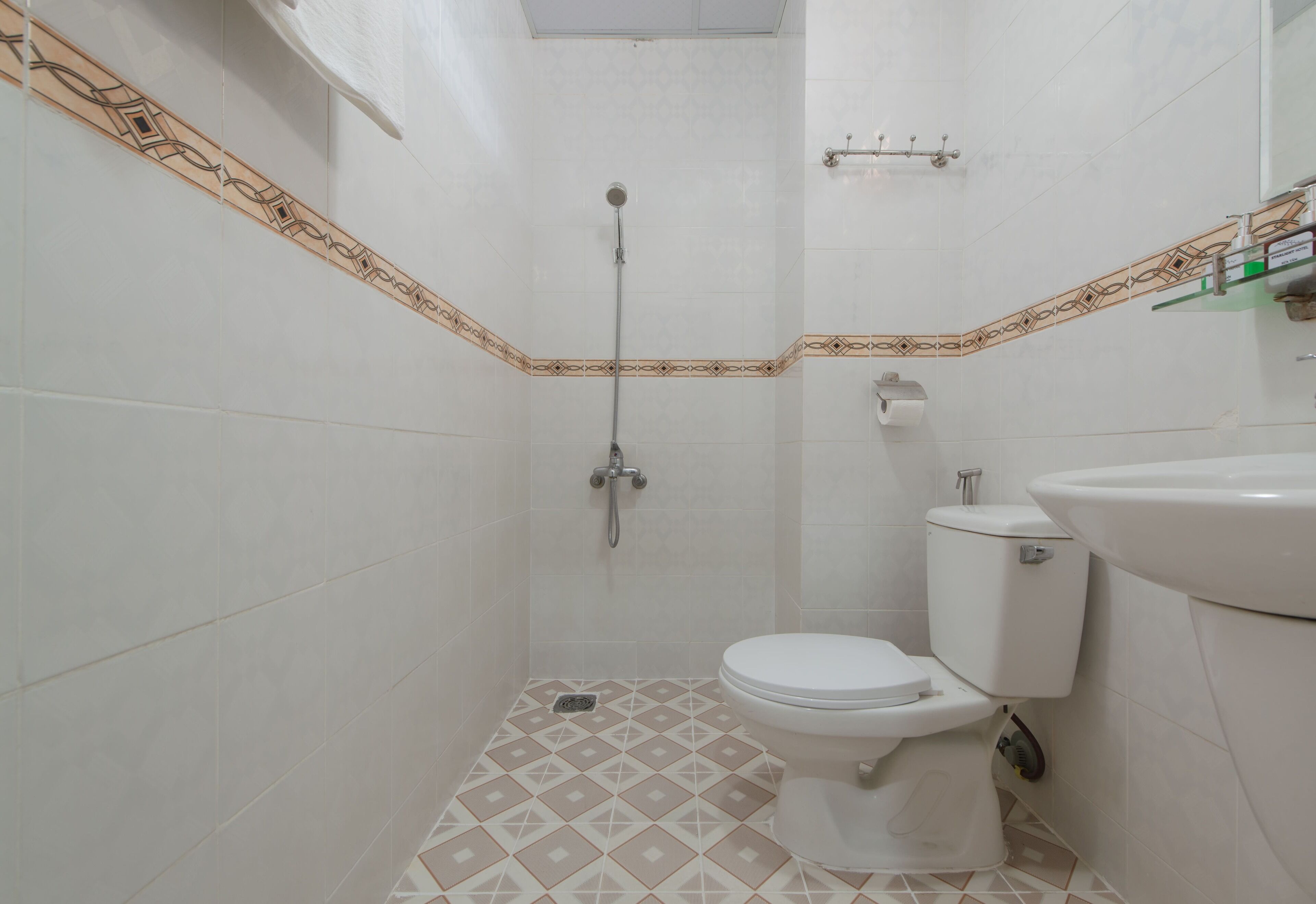 Uma casa de banho pequena com chuveiro, sanita e lavatório.