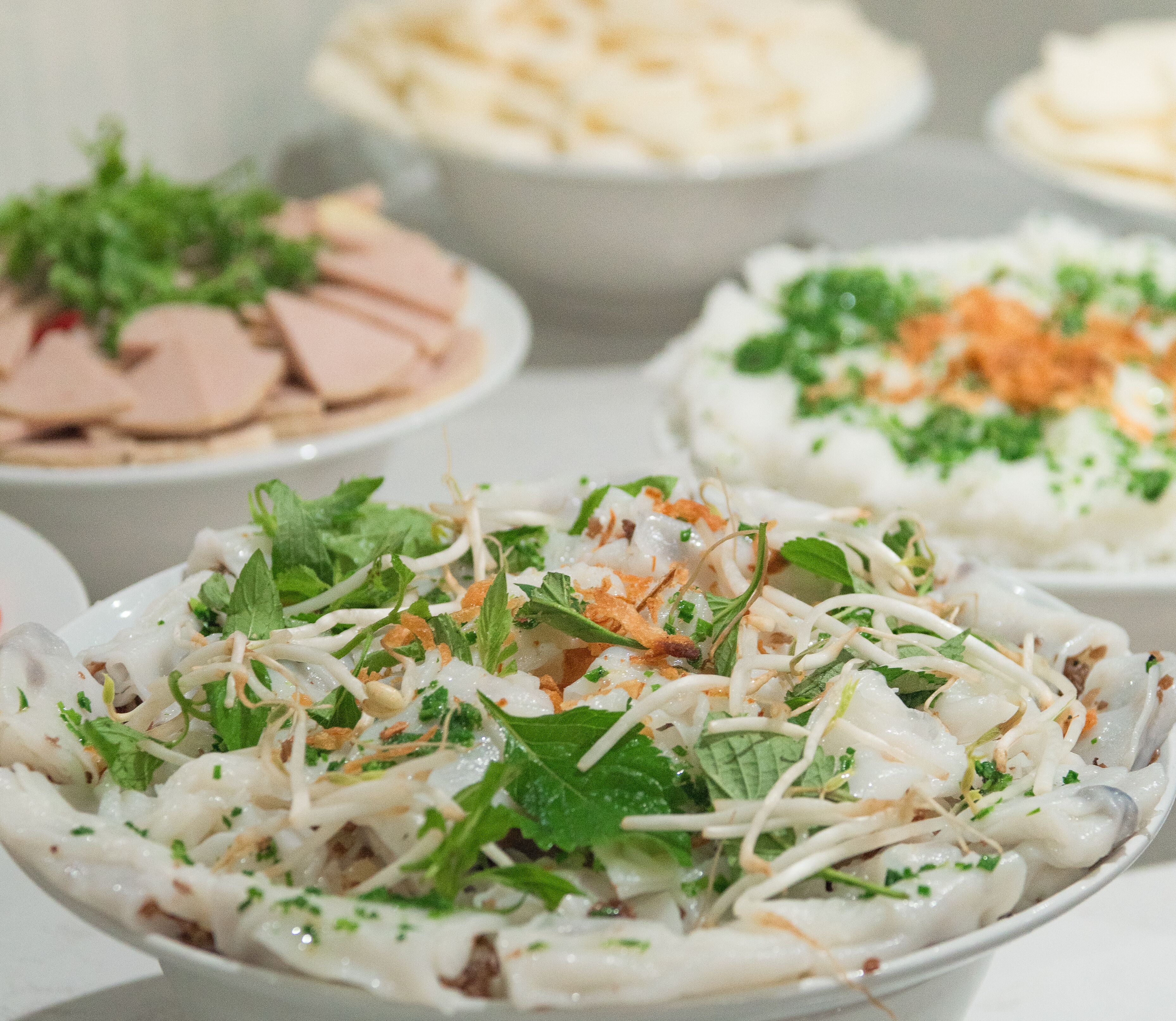 A variety of dishes, including a bowl of noodles with vegetables and herbs, and other plates with different food items.