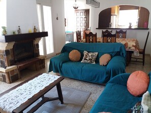 Télévision, cheminée, livres