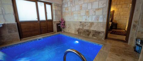 An indoor swimming pool with stone walls, a wooden door, and a visible bathroom.