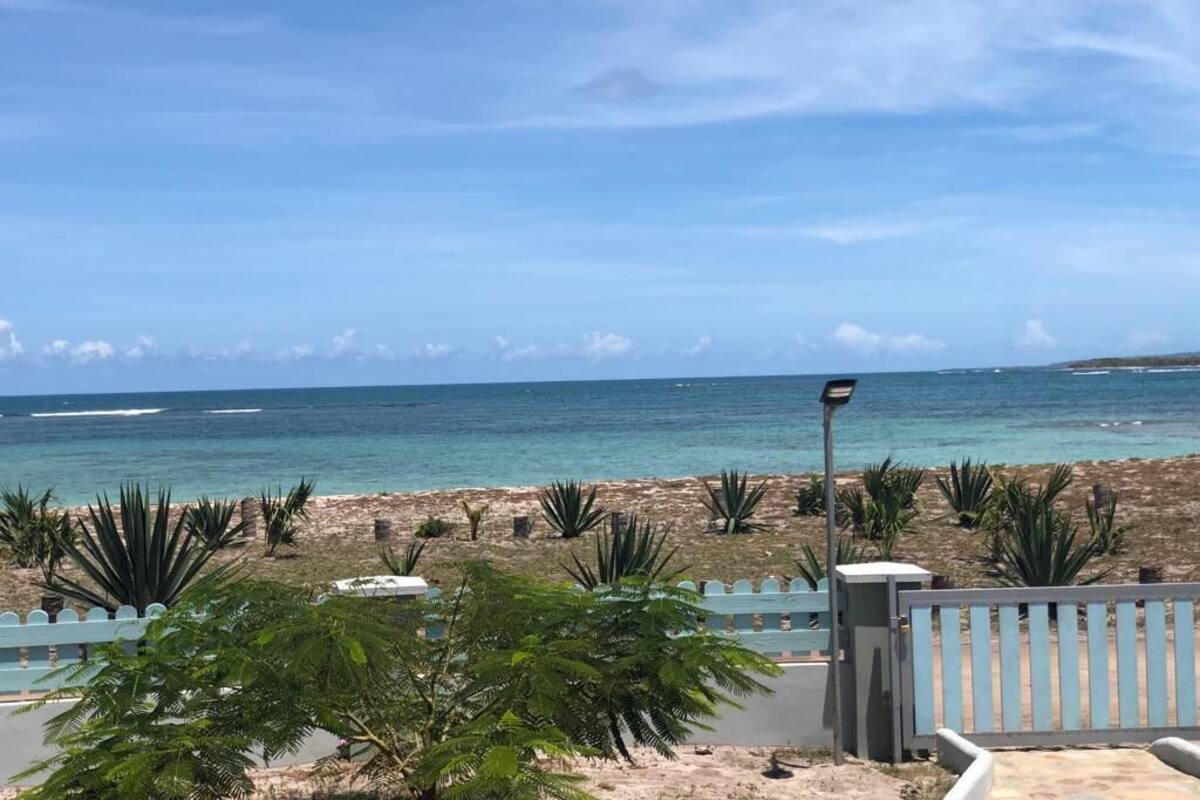 Vista de una playa con un camino que lleva a una zona cerrada, con un farol y plantas tropicales.