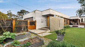 A modern two-story house with a flat roof, a large open patio area, and a well-maintained garden with raised beds and potted plants. - Castlebay - Lovely 4 bedroom home (Wimbledon Heights)