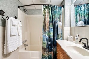 Baignoire, séchoir à cheveux, serviettes fournies