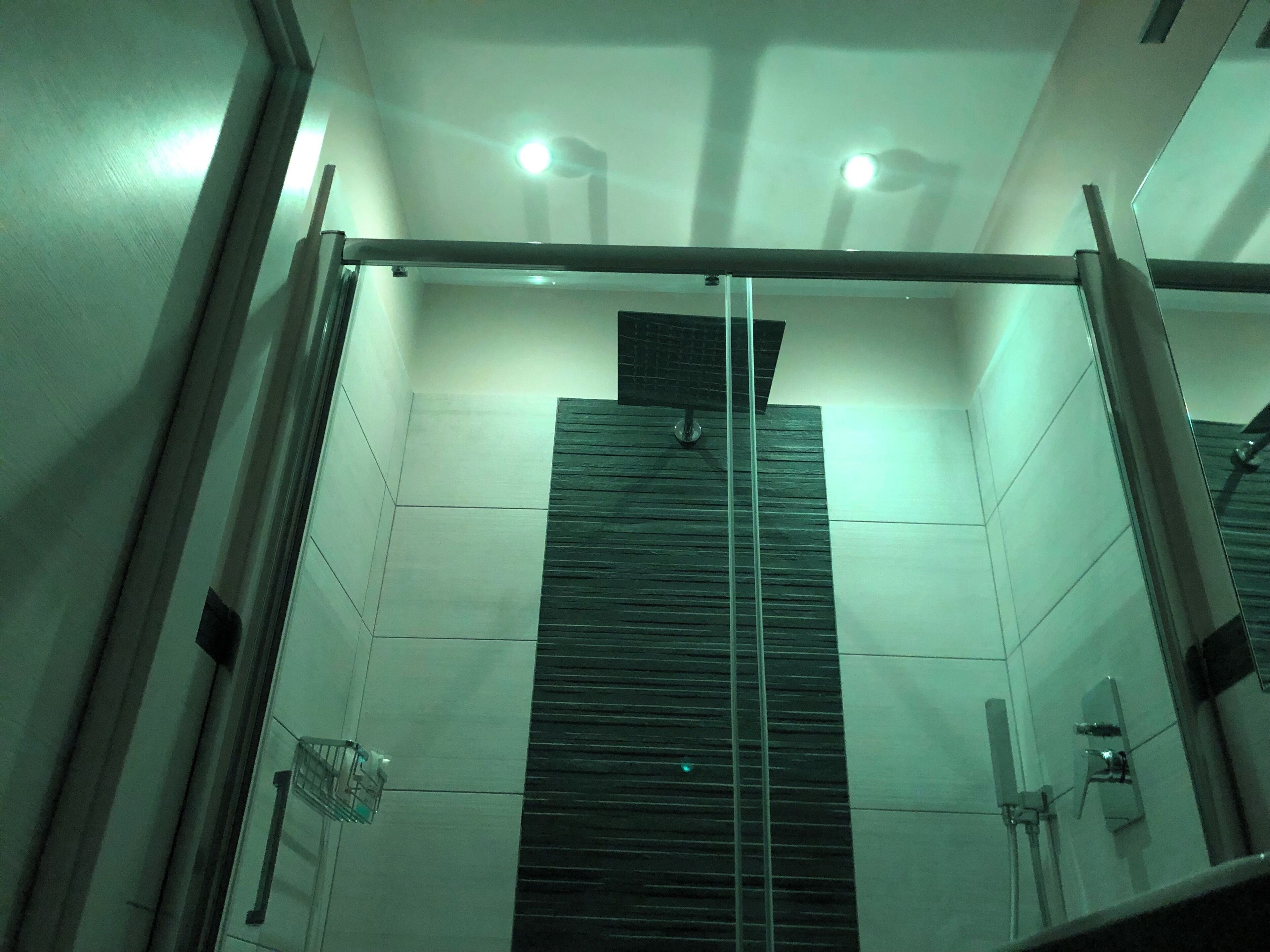A modern bathroom with a glass shower enclosure, a wooden panel wall, and a visible towel rack.