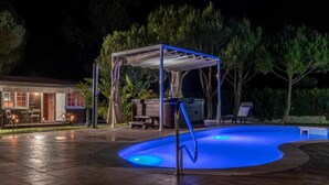 Una piscina con zona coperta e lettini, circondata da alberi e una casa.