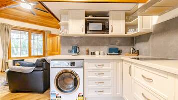 Full-sized fridge, microwave, oven, stovetop