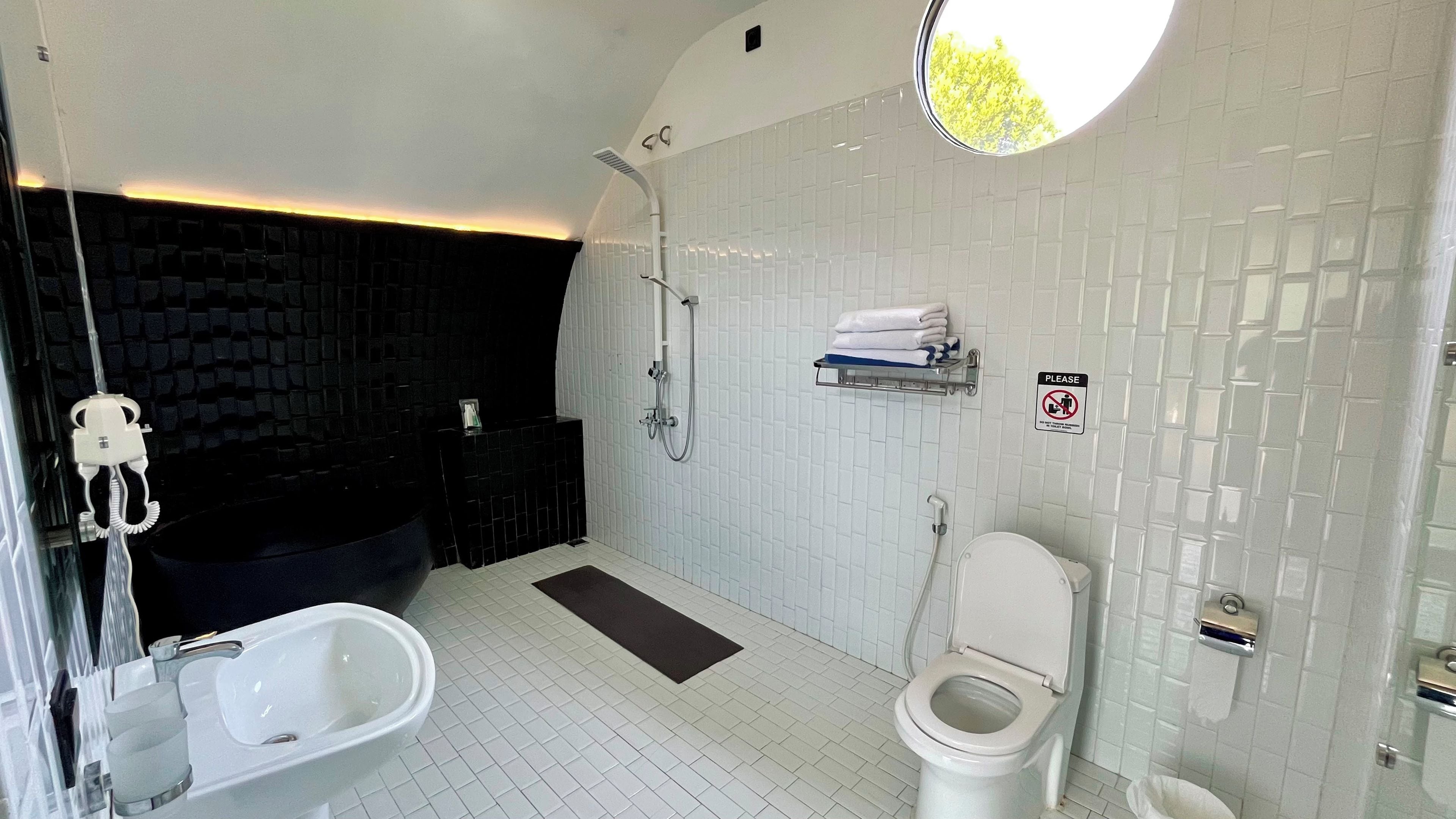 A bathroom with a toilet, bidet, and a shower area.