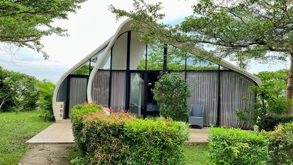 A modern house with a curved design, a pathway leading to the entrance, and lush greenery surrounding the property.