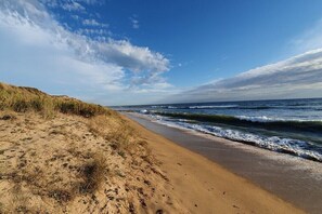 Ein Strand mit Sand und Dünen, das Meer im Hintergrund.