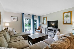 Smart TV, fireplace, DVD player, books