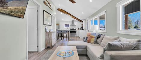 Smart TV, fireplace, books, stereo