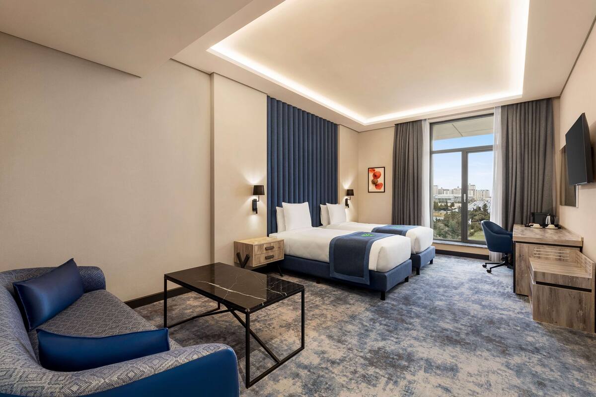Una moderna camera d'hotel con un letto grande, un divano, una scrivania e vista sulla città.