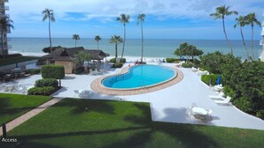 Ein Pool in einem Resort mit gewölbter Kante, umgeben von Palmen und Liegestühlen, mit Blick auf den Ozean.