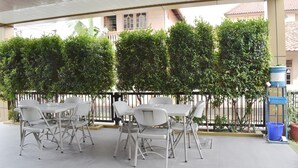 An outdoor patio area with a white table and chairs, surrounded by neatly trimmed hedges and a metal fence. - Homestay 82 Syariah Palembang (Palembang)