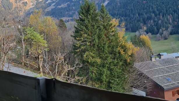 Un paysage de montagne avec un banc en bois au premier plan.