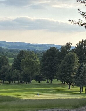 A golf course with a flagstick in the foreground, surrounded by trees and rolling hills in the background.