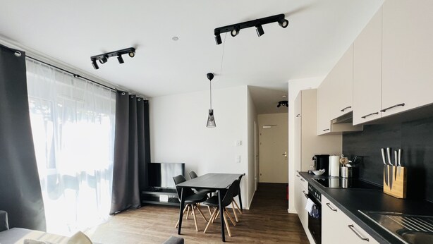 A modern apartment with a dining area, kitchen, and living space. - APSTAY Apartments (Graz)
