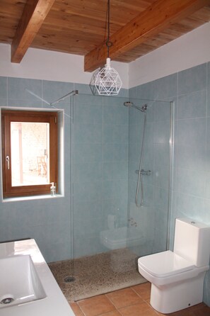 Shower, free toiletries, hair dryer, towels