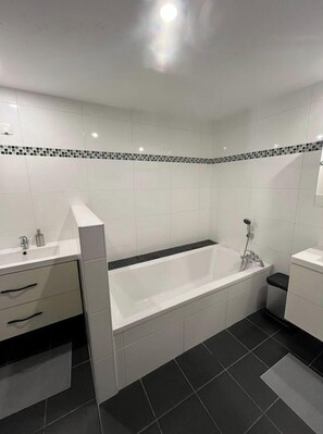 Combined shower/bathtub, hair dryer, towels, soap