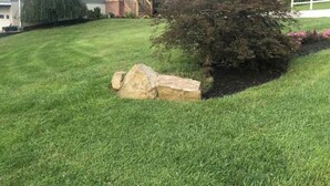 A house with a well-maintained lawn, a wooden staircase leading to the front door, and a large rock in the center. - Der Dawdy Haus (Narvon)