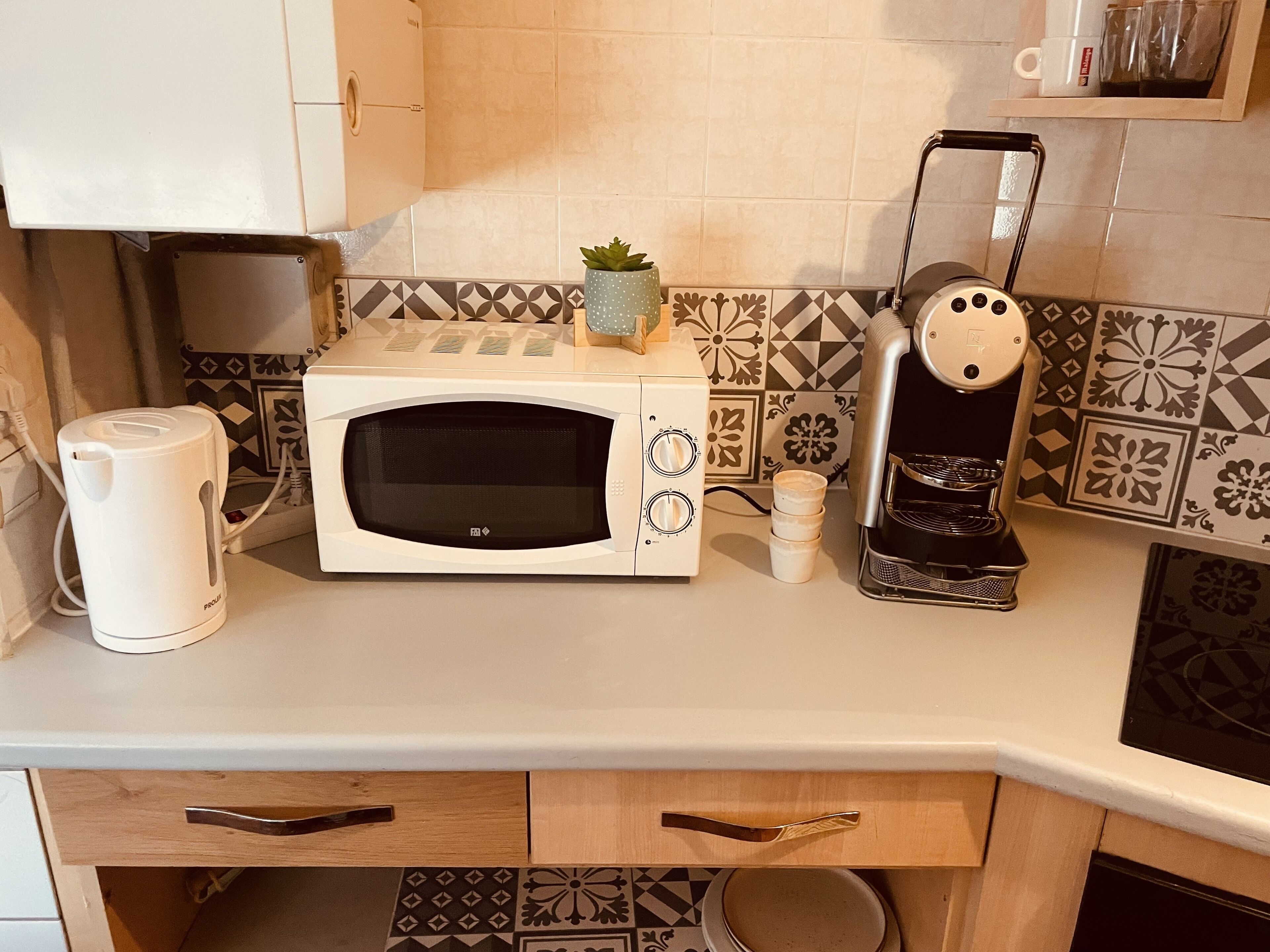 Cozinha com micro-ondas, cafeteira e chaleira. Apresenta azulejos estampados na área de proteção da parede e uma pequena planta em vaso no balcão.