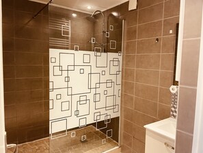 Shower, hair dryer, towels, toilet paper