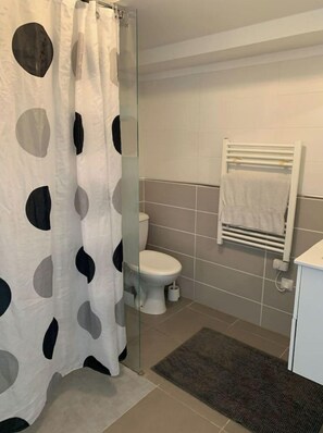 Shower, eco-friendly toiletries, hair dryer, towels
