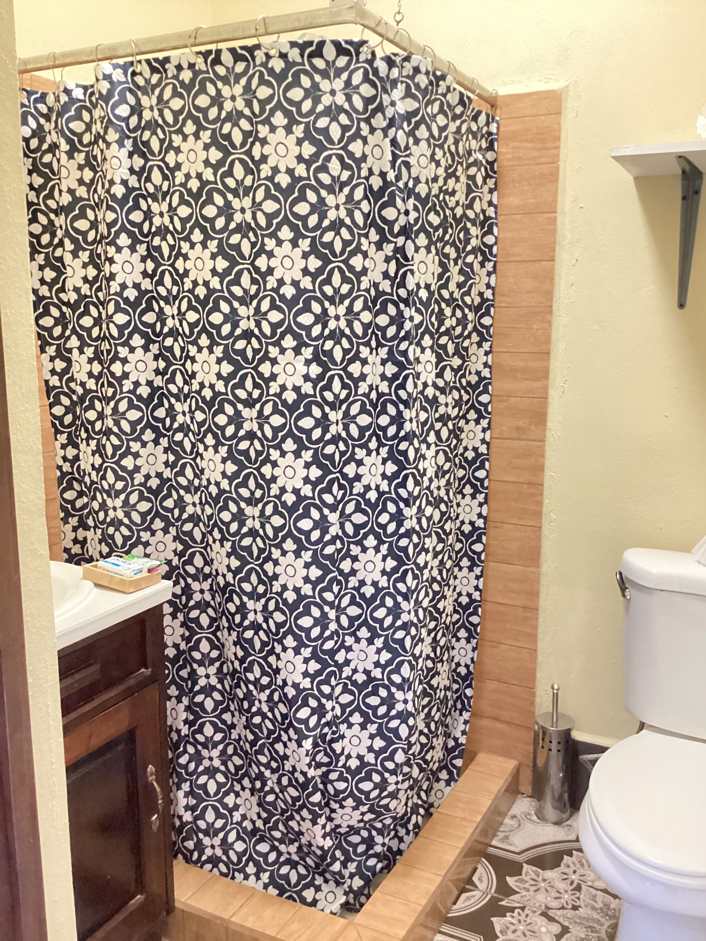 Shower, towels, soap, toilet paper