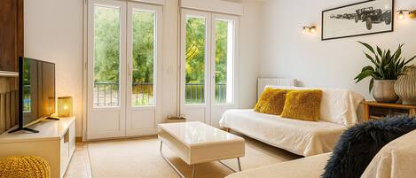 Télévision, cheminée, livres