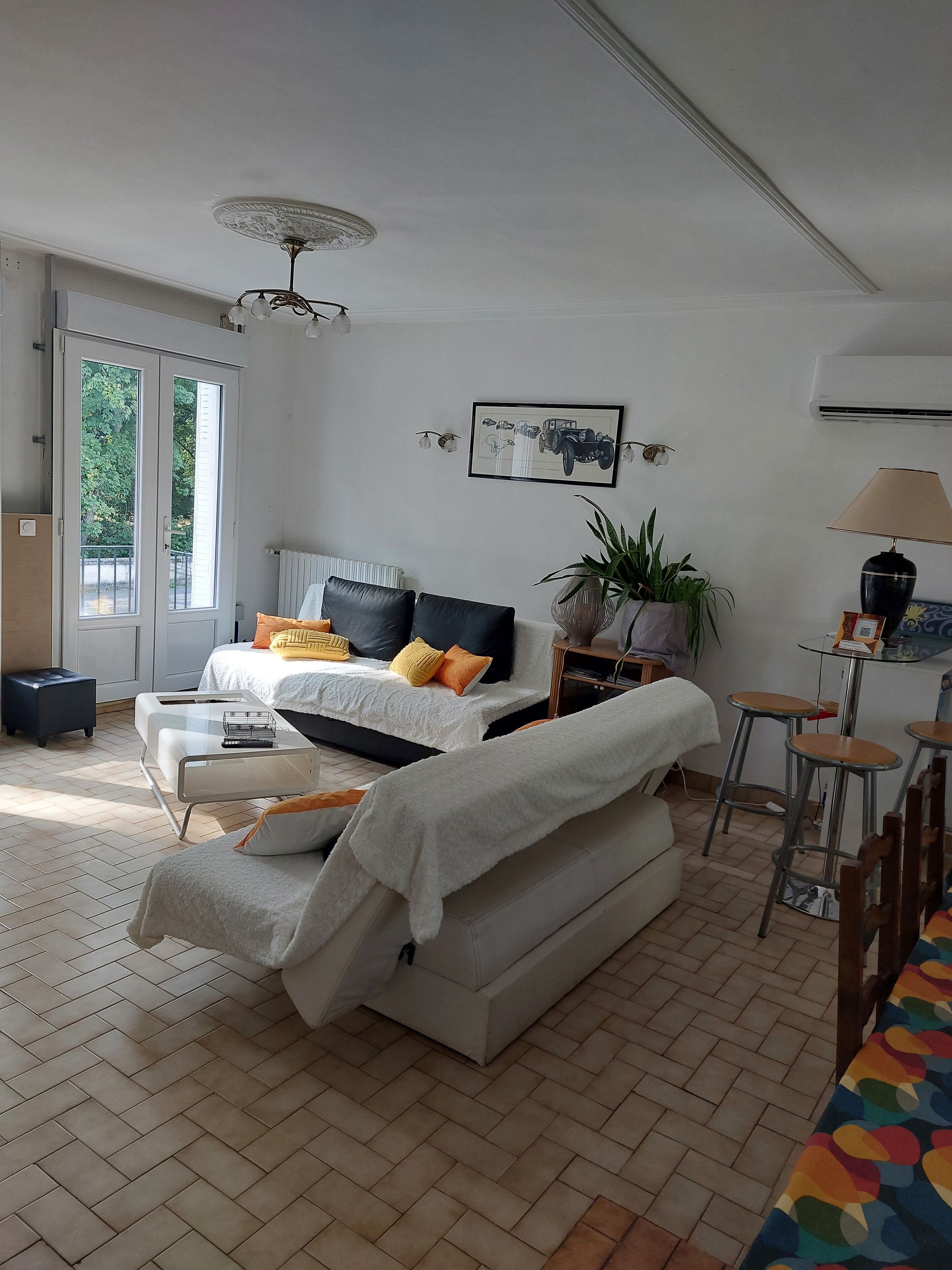 TV, fireplace, books