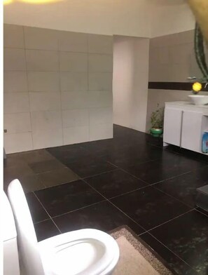 Chuveiro, secador de cabelo, toalhas de banho, sabonete