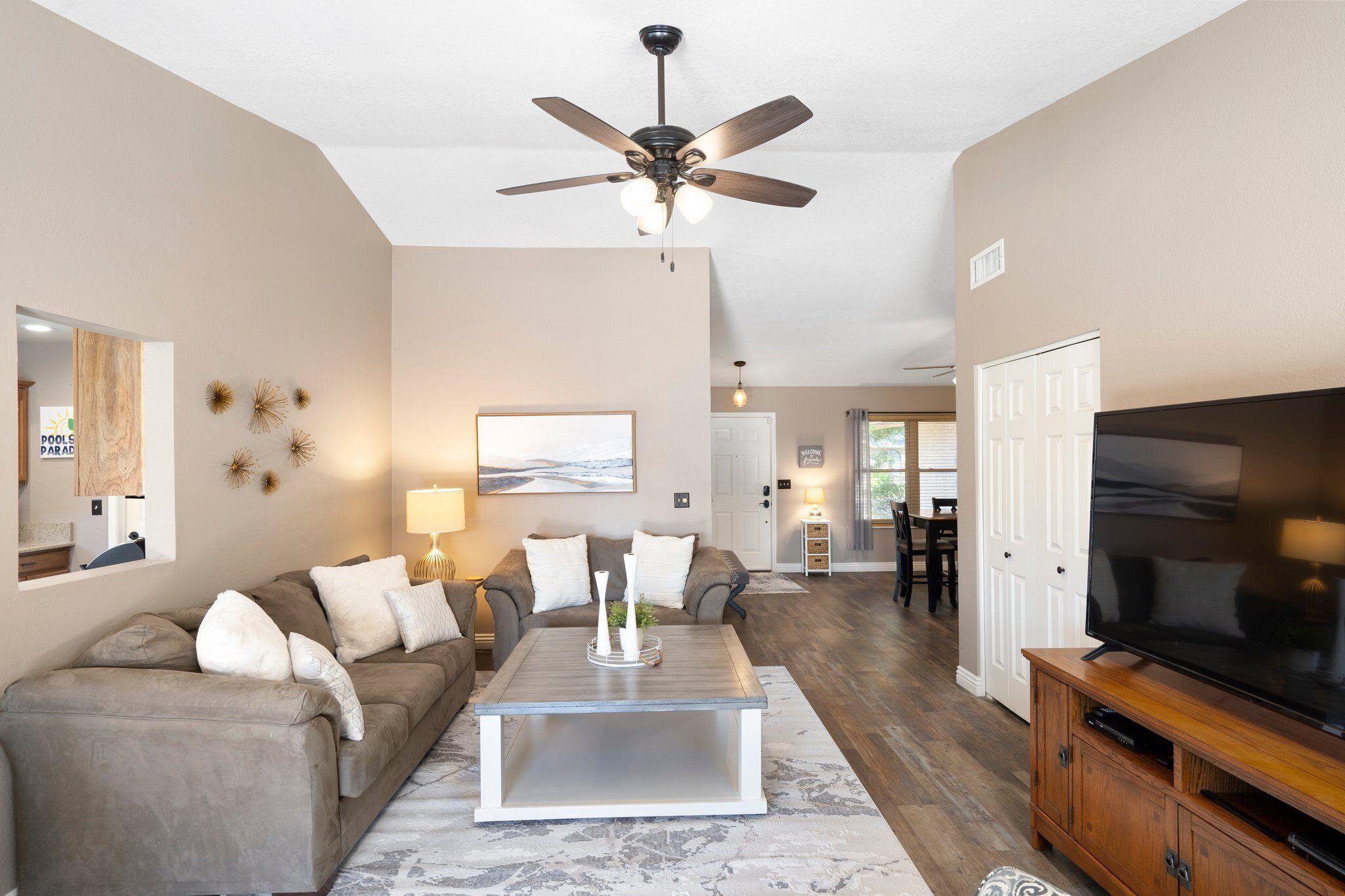 Big & beautiful backyard! HUGE, heated pool. Family friendly, toys for all!  