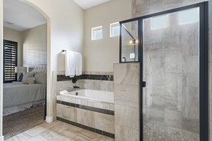 Combined shower/tub, shampoo