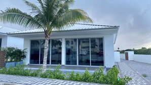 A modern house with large glass windows, a palm tree, and a paved driveway. - Villa Walking Distance to Eagle Beach (Noord)