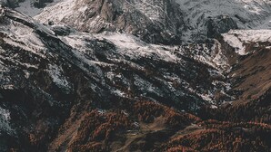 A mountainous landscape with snow-covered peaks and a valley with dense forest.