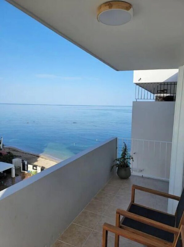 A balcony with a view of the sea, a potted plant, and a wooden chair.